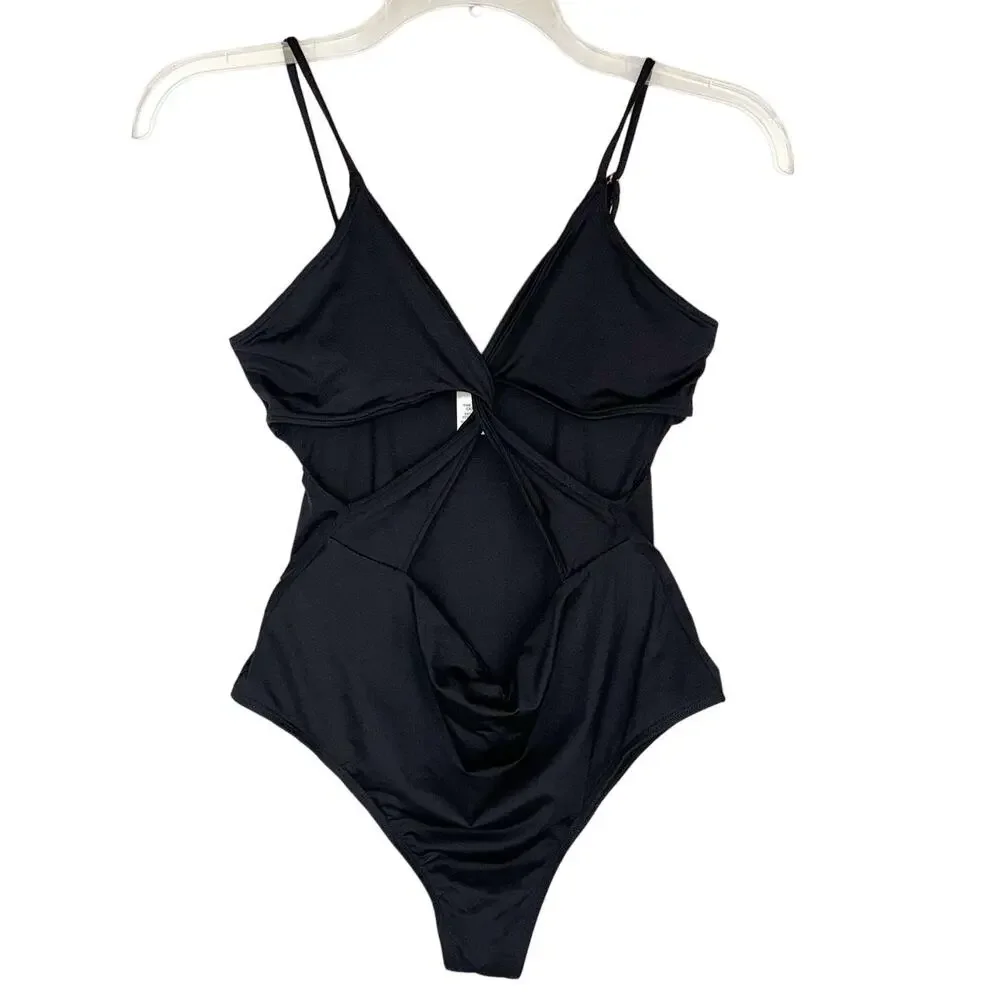 L Space Black Basic Criss Cross Twist One Piece Cut‎ Out Swimsuit Sz 12